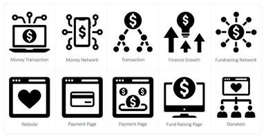 een reeks van 10 crowdfunding pictogrammen net zo geld translatie, geld netwerk, transactie vector