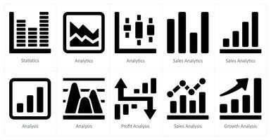een reeks van 10 diagrammen en rapporten pictogrammen net zo statistieken, analyse, verkoop analytics vector