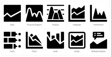 een reeks van 10 diagrammen en rapporten pictogrammen net zo verkoop, financieel diagram, analyse vector