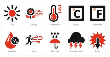 een reeks van 10 mengen pictogrammen net zo zon, lente, temperatuur vector