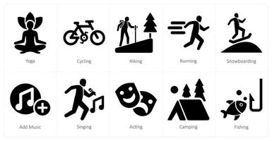 een reeks van 10 hobby pictogrammen net zo yoga, wielersport, wandelen vector