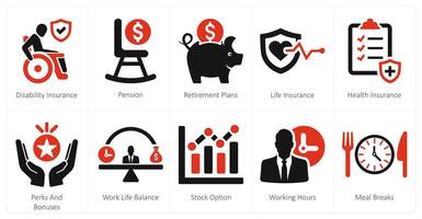 een reeks van 10 werknemer voordelen pictogrammen net zo onbekwaamheid verzekering, pensioen, pensioen plannen vector