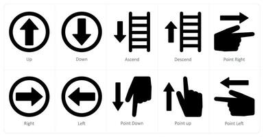 een reeks van 10 richting pictogrammen net zo omhoog, omlaag, opstijgen vector