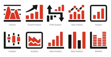 een reeks van 10 diagram en rapporten en rapporten pictogrammen net zo analyse, groei analyse, winst analyse vector