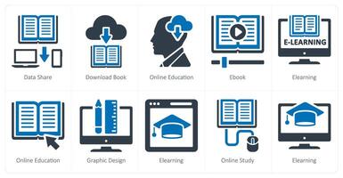 een reeks van 10 online onderwijs pictogrammen net zo gegevens deel, downloaden boek, online onderwijs vector