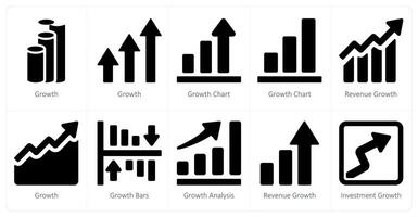 een reeks van 10 diagrammen en rapporten pictogrammen net zo groei, groei grafiek, omzet groei vector