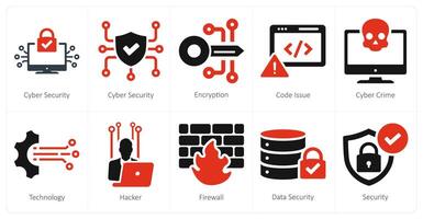 een reeks van 10 cyber veiligheid pictogrammen net zo cyber veiligheid, encryptie, code kwestie vector