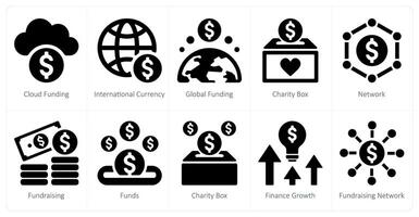 een reeks van 10 crowdfunding pictogrammen net zo wolk financiering, Internationale munteenheid, globaal financiering vector