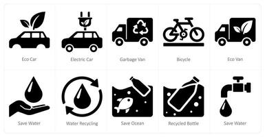 een reeks van 10 ecologie pictogrammen net zo eco auto, elektrisch auto, vuilnis busje vector