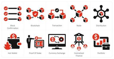 een reeks van 10 blockchain pictogrammen net zo blok bevestiging, blockchain, transactie vector