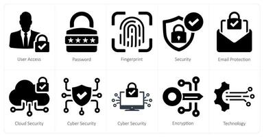 een reeks van 10 cyber veiligheid pictogrammen net zo gebruiker toegang, wachtwoord, vingerafdruk vector