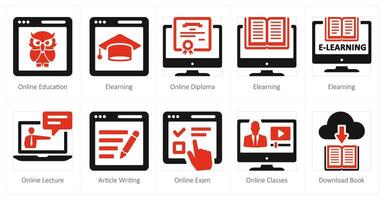 een reeks van 10 online onderwijs pictogrammen net zo online opleiding, e aan het leren, online diploma vector