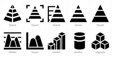 een reeks van 10 diagrammen en rapporten pictogrammen net zo piramide, statistieken, analyse vector