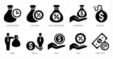 een reeks van 10 lening en schuld pictogrammen net zo lening looptijd, lening tarief, lening interesseren tarief vector