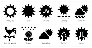 een reeks van 10 weer pictogrammen net zo zonnig dag, zon, uv stralen vector