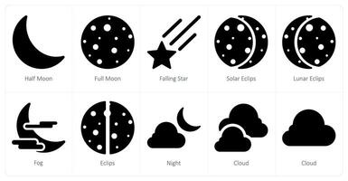 een reeks van 10 weer pictogrammen net zo voor de helft maan, vol maan, vallend ster vector