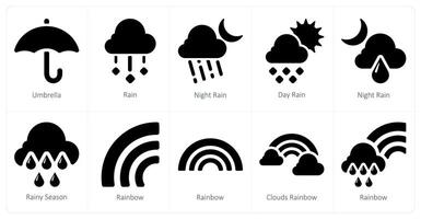 een reeks van 10 weer pictogrammen net zo paraplu, regenen, nacht regen vector