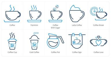 een reeks van 10 koffie pictogrammen net zo koffie, espresso, koffie met suiker vector