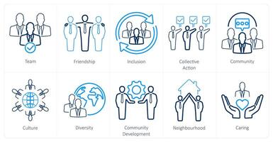 een reeks van 10 gemeenschap pictogrammen net zo team, vriendschap, inclusie vector