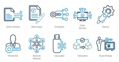 een reeks van 10 blockchain pictogrammen net zo slim contract, wit papier, encryptie vector