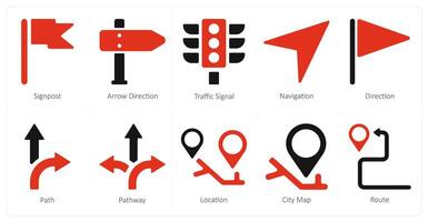 een reeks van 10 navigatie pictogrammen net zo wegwijzer, pijl richting, verkeer signaal vector