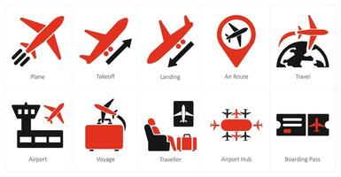 een reeks van 10 luchthaven pictogrammen net zo vlak, opstijgen, landen vector