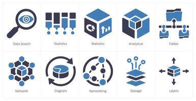 een reeks van 10 groot gegevens pictogrammen net zo gegevens zoeken, statistieken, analytics vector