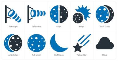 een reeks van 10 weer pictogrammen net zo telescoop, verduisteringen, zonne- verduisteringen vector
