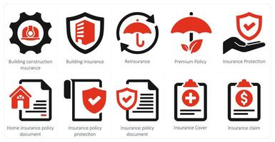 een reeks van 10 verzekering pictogrammen net zo gebouw bouw verzekering, gebouw verzekering, herverzekering vector