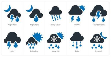 een reeks van 10 weer pictogrammen net zo nacht regenen, regenachtig wolk, storm vector