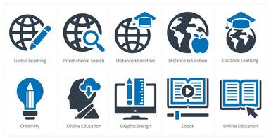 een reeks van 10 online onderwijs pictogrammen net zo globaal aan het leren, Internationale zoeken, afstand onderwijs vector