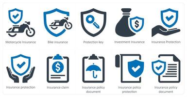 een reeks van 10 verzekering pictogrammen net zo motorfiets verzekering, fiets verzekering, bescherming sleutel vector