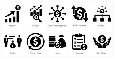 een reeks van 10 accounting pictogrammen net zo omzet, analyse, geld beheer vector