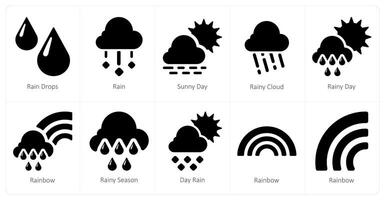 een reeks van 10 weer pictogrammen net zo regen druppels, regenen, zonnig dag vector