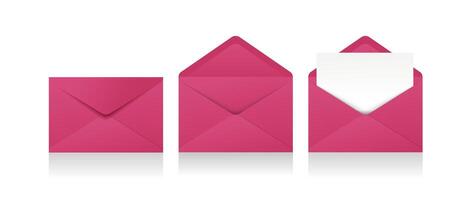 reeks van realistisch roze enveloppen in verschillend posities. gevouwen en ontvouwde envelop rugzak geïsoleerd vector