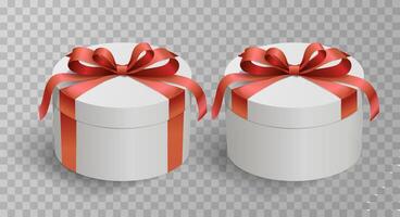 realistisch geschenk doos rood satijn boog, geïsoleerd Aan achtergrond. presentatie doos, gebonden met omhulsel lintje. gelukkig nieuw jaar, vrolijk Kerstmis of verjaardag. vector