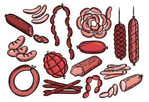 verschillend types van worstjes gedetailleerd gekleurd schets. worst gravure, lijn kunst illustratie. vlees producten vector