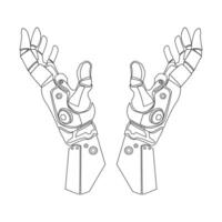 robot of android tot een kom gevormd handen lijn kunst tekening. kunstmatig intelligentie- en modern technologie concept. twee Open robot armen gevouwen samen illustratie. bionisch handen schets tekening vector