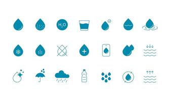 water icoon set. laten vallen water, mineraal water, laag en hoog getij, douche, plastic fles en glas. illustratie vector