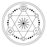 magie esoterisch symbool. illustratie van occult mysticus teken met zon, maan fasen, ster en halve maan in lineair stijl. fantasie schets ronde tekening voor icoon of logo. zwart en wit vector