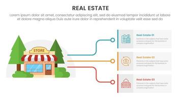 echt landgoed eigendom infographic sjabloon banier met op te slaan gebouw met lijn naar doos verbinding met 3 punt lijst informatie voor glijbaan presentatie vector