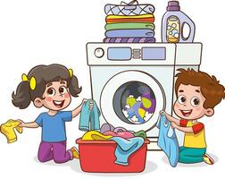 gelukkig weinig kinderen aan het doen dagelijks klusjes met het wassen machine, Holding een mand vol van de was. vector