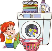 gelukkig weinig kinderen aan het doen dagelijks klusjes met het wassen machine, Holding een mand vol van de was. vector