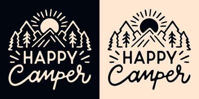 gelukkig camper belettering retro wijnoogst bergen Woud landschap en zon zonsopkomst zonsondergang minimalistische tekening illustratie Dames mam meisje kind kleding overhemd ontwerp afdrukbare cadeaus vector