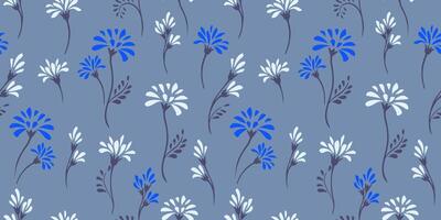 pastel blauw naadloos patroon met gemakkelijk creatief wild klein bloemen stengels. hand- getrokken schetsen. schattig abstract ditsy bloemen en bloemknoppen in druppels, vlekken. sjabloon voor ontwerpen, textiel, het drukken vector
