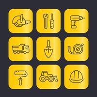 bouw gereedschap lijn pictogrammen set, troffel, moersleutel, oefening, zaag, verf rol, plakband meeteenheid, hamer, illustratie vector