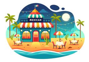 Mexicaans voedsel restaurant illustratie met divers van heerlijk traditioneel keuken taco's, nacho's en andere Aan vlak tekenfilm achtergrond vector