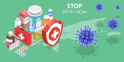 3d isometrische concept van coronavirus uitbraak. vector