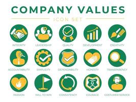 bedrijf kern waarden ronde web icoon set. integriteit, ontwikkeling, verantwoordelijkheid, eenvoud, betrouwbaarheid, eerlijkheid, transparantie, passie, zullen naar winnen, samenhang, moed en klant onderhoud pictogrammen. vector