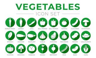 groen groenten vlak ronde icoon reeks van parsey wortel, wortel, Spaanse peper, paprika, peper, tomaat, komkommer, paddestoel, knoflook, ui, avocado, bloemkool, kool, radijs, rode biet, erwten, Boon, c vector